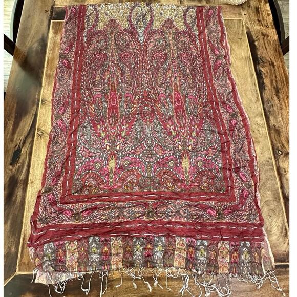 Vintage Paisley Fringe Scarf Red Gray Boho Chic Lightweight Wrap Shawl - Picture 2 of 5